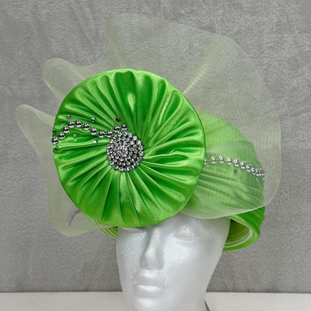 Mr Hi's Hat Womens Fascinator Green Rhinestone‎ Pleated Headpiece Derby Church
